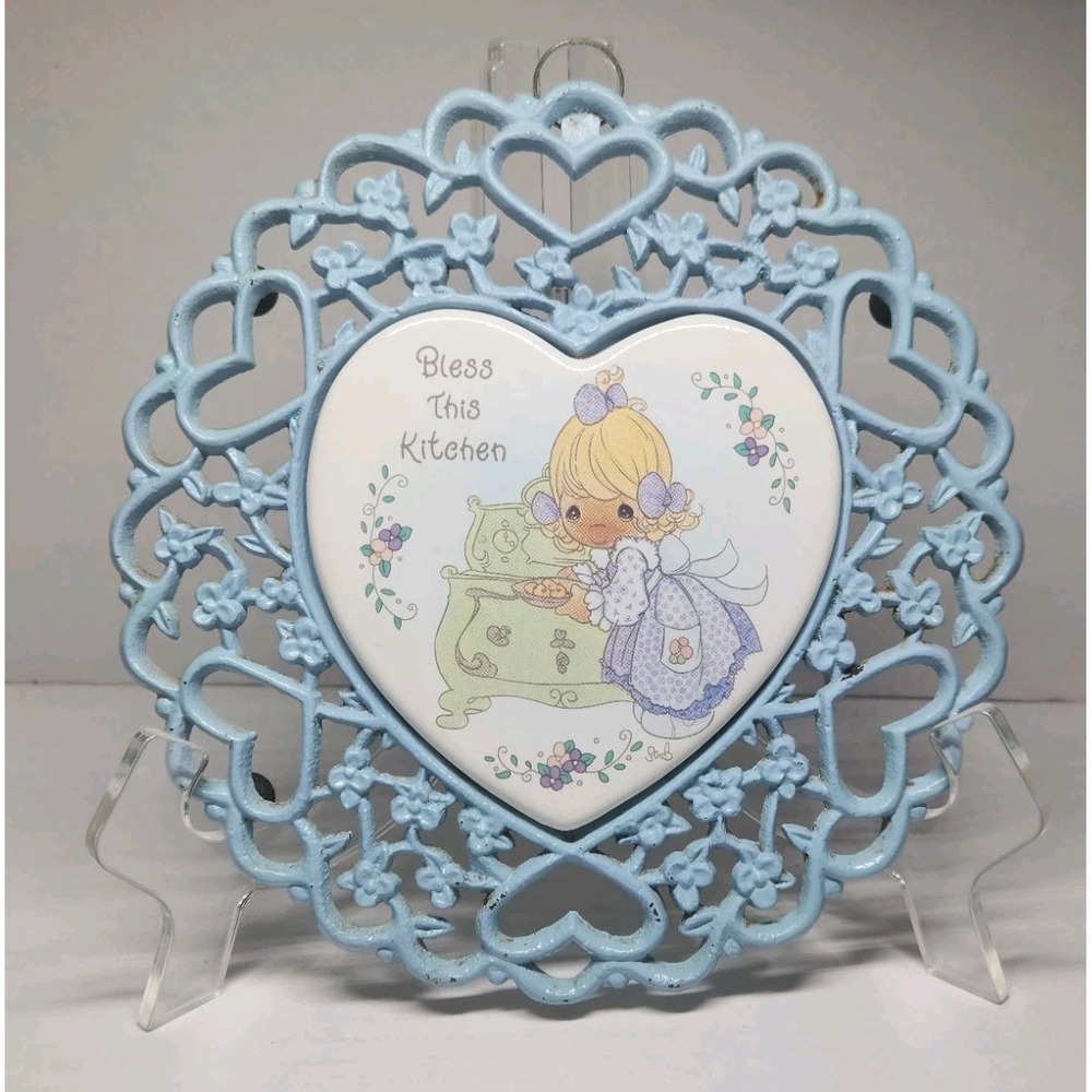 Vintage Precious Moments Cast Iron Light‎ Blue Heart Shaped Kitchen Trivet 90s